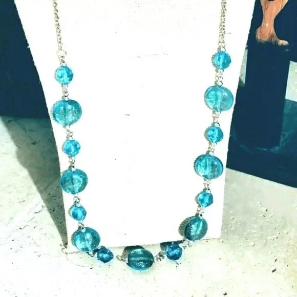 Aqua Blue Copper Sand Murano Glass Long Silver Chain Handcrafted Necklace - Picture 1 of 8
